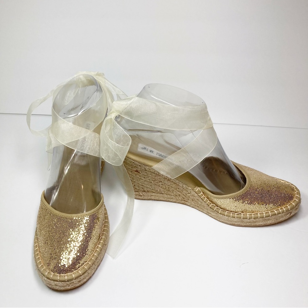 Steve Madden Boca Ankle Tie Gold Glitter Toe Rope Wedge - Picture 1 of 11